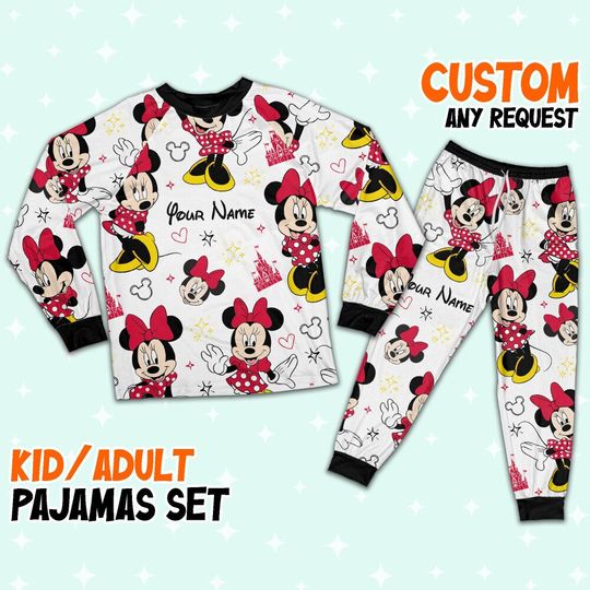 Custom Disney Friends Minnie Colorful Pajamas Set, Disney Matching Pajamas Set, Movie Cartoon Holiday Pajamas, Magic Kingdom Shirt
