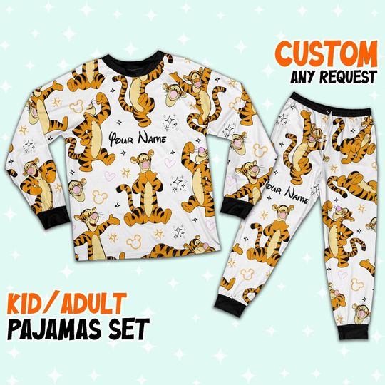 Custom Disney Friends Tigger Colorful Pajamas Set, Disney Matching Pajamas Set, Movie Cartoon Holiday Pajamas, Magic Kingdom Shirt