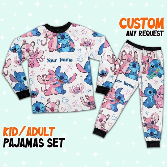 Discover Custom Disney Friends Stitch and Angel Colorful Pajamas Set, Disney Matching Pajamas Set, Movie Cartoon Holiday Pajamas, Magic Kingdom Shirt
