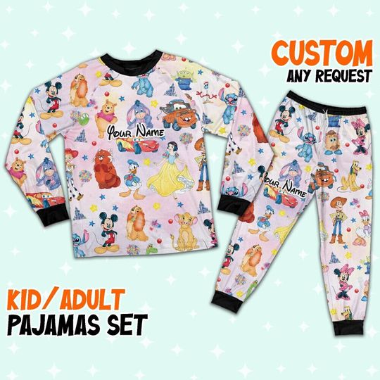 Custom Disney Magical Characters Fun Colorful Team Pajamas Set, Cartoon Pajamas Set, Magic Kingdom Pajamas, Disney Birthday Gift