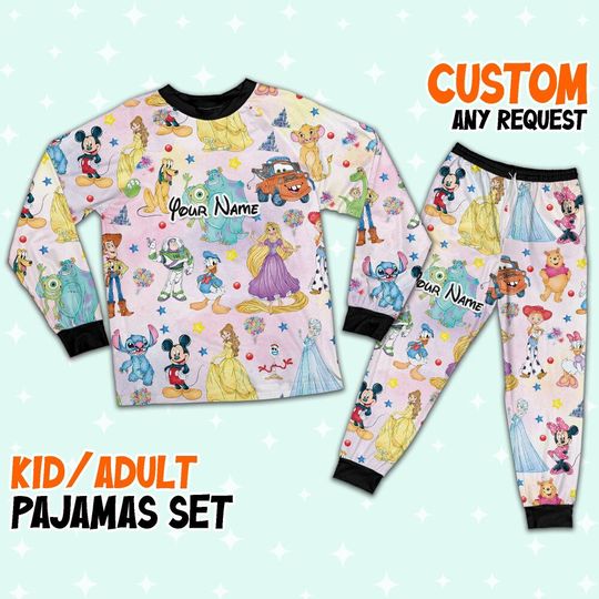Discover Custom Disney Magical Characters Colorful Team Pajamas Set, Cartoon Pajamas Set, Magic Kingdom Pajamas, Disney Birthday Gift
