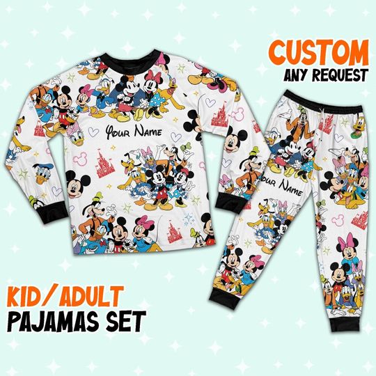 Discover Custom Disney Mickey and Friends Colorful Pajamas Set, Cartoon Pajamas Set, Magic Kingdom Pajamas, Disney Birthday Gift