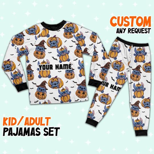 Custom Disney Lilo and Stitch Pumpkin Simple Pajamas, Custom Kid Youth Adult Pajamas, Pajamas Birthday Gift, Disney Vacation