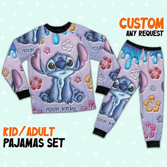 Custom Disney Lilo and Stitch Inflated Colorfull Pajamas, Custom Kid Youth Adult Pajamas, Pajamas Birthday Gift, Disney Vacation