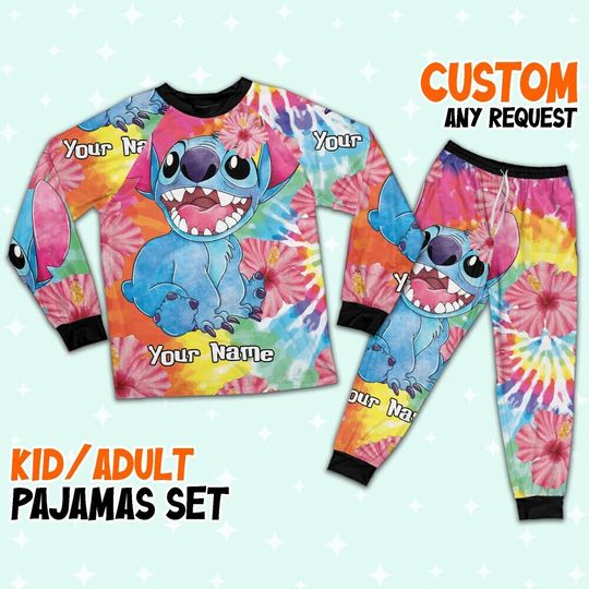 Custom Disney Lilo and Stitch Tie Dye Colorfull Pajamas, Custom Kid Youth Adult Pajamas, Pajamas Birthday Gift, Disney Vacation