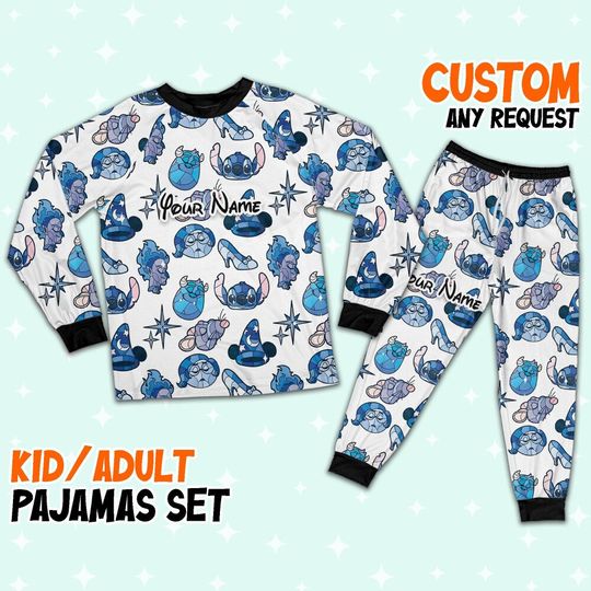Custom Disney Magic Characters Blue Team Pajamas, Custom Kid Youth Adult Pajamas, Pajamas Birthday Gift, Disney Vacation