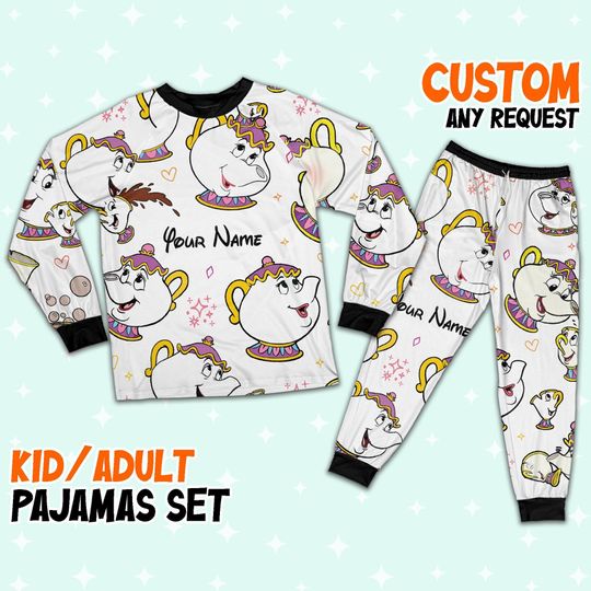 Custom Disney Mother Day Mrs Pott and Chip Colorful Pajamas, Custom Kid Youth Adult Pajamas, Pajamas Birthday Gift, Disney Vacation
