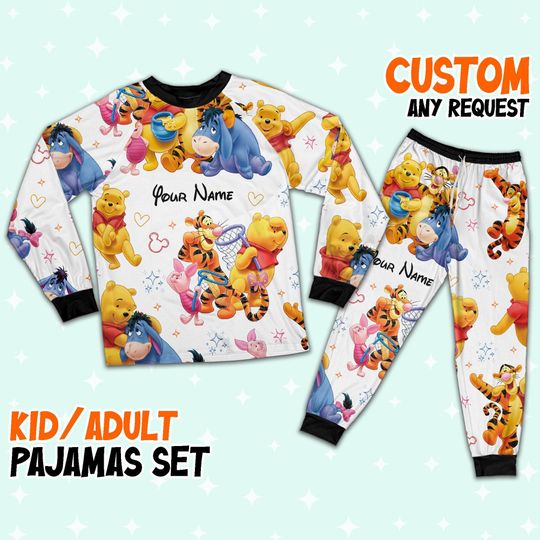 Custom Disney Pooh and Friends Colorful Pajamas, Custom Kid Youth Adult Pajamas, Pajamas Birthday Gift, Disney Vacation