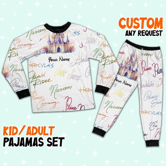 Custom Disney Prince Signatures Colorful Pajamas, Custom Kid Youth Adult Pajamas, Pajamas Birthday Gift, Disney Vacation