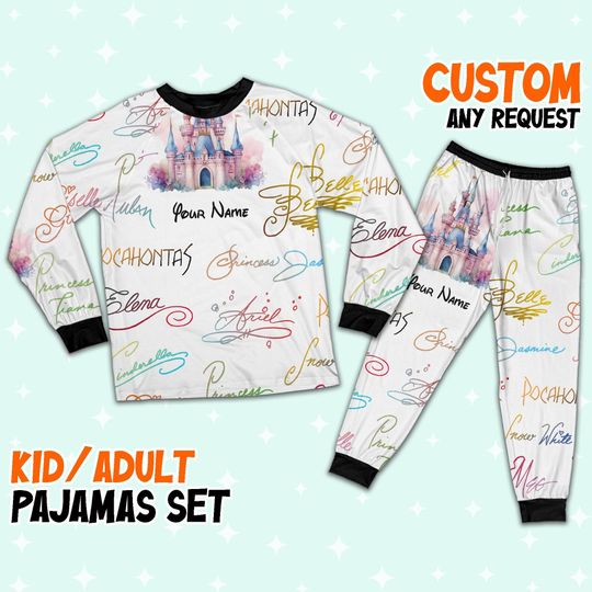 Custom Disney Princess Signatures Colorful Pajamas, Custom Kid Youth Adult Pajamas, Pajamas Birthday Gift, Disney Vacation