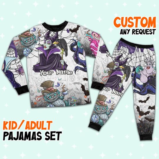 Custom Disney Villainess Witches Colorful Pajamas, Custom Kid Youth Adult Pajamas, Pajamas Birthday Gift, Disney Vacation