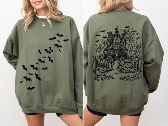 Haunted House, Front and Back, Halloween, Retro, Fall, Autumn, Bats, Witches  Sweatshirt