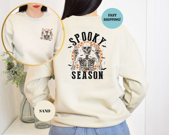 Discover Spooky Season Sweatshirt,Retro Halloween Skeleton Sweatshirt