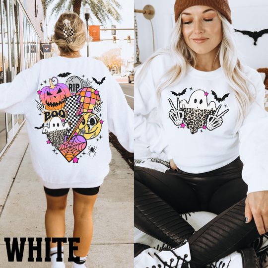 Discover Halloween Lover Back and Front Sweatshirt Funny Skeleton Sweater Halloween Party Sweater