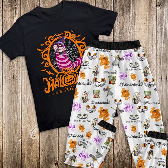 Cheshire Cat Halloween Pajamas Set, Alice In Wonderland Halloween Pajamas Set, Cheshire Cat Halloween Pajamas For Adult And Kids