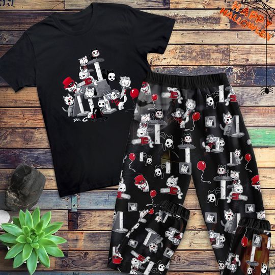 Discover Characters Horror Movie Pajamas Set, Cats Horror Movie Pajamas Set, Horror Characters Friends Cat Pajamas For Adult And Kids