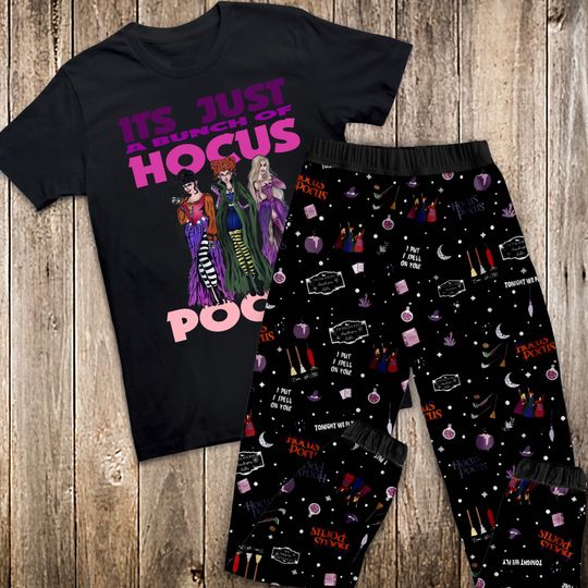 Its Just A Bunch Of Hocus Pocus Horror Movie Pajamas Set, Its Just A Bunch Of Pajamas Set, Sanderson Sisters Pajamas For Adult And Kids