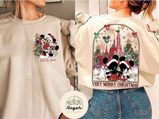 Discover Two-sided Mickey Minnie Couple Disney Christmas Shirt, Mickey's Very Merry Christmas Party, WDW Disneyland Castle Holiday Couple Xmas Trip