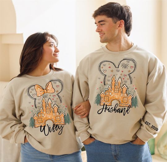 Discover Husband and Wife  Matching Disney Castle Gingerbread Minnie Mouse Castle Sweatshirt, Disney Sweatshirt, Disney Christmas Sweatshirt