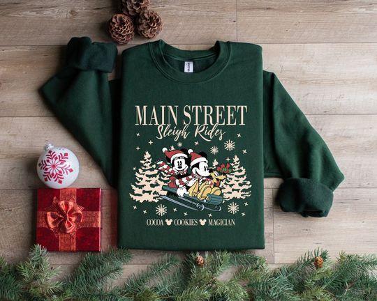 Discover Retro Mickey Minnie Main Street Sleigh Rides Sweatshirts, Disney Christmas Sweatshirt, Mickey Christmas Shirt, Disney Christmas Party Shirt