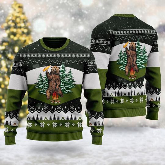 Bear Drinking Beer Campfire 3D Ugly Christmas Sweater, Camping Bear Xmas Sweatshirt, Forest Camping Christmas Gift For Men Women Kid