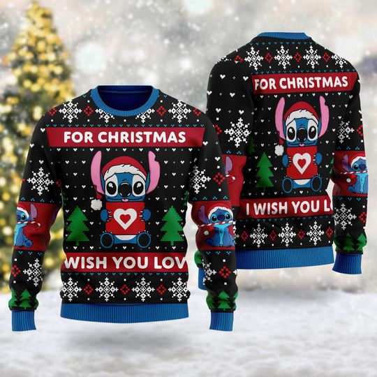 Stitch Christmas Love Alien Blue Dog Ugly Christmas Sweater, For Christmas I Wish You Love Xmas Sweatshirt, Christmas Gift For Men Women Kid