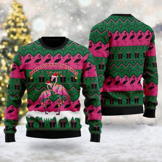Funny Flamingo Ugly Christmas Sweater, Merry Flockin Xmas Sweatshirt, Christmas Gift For Men Women Kid, Flamingo Couple Christmas Jumper
