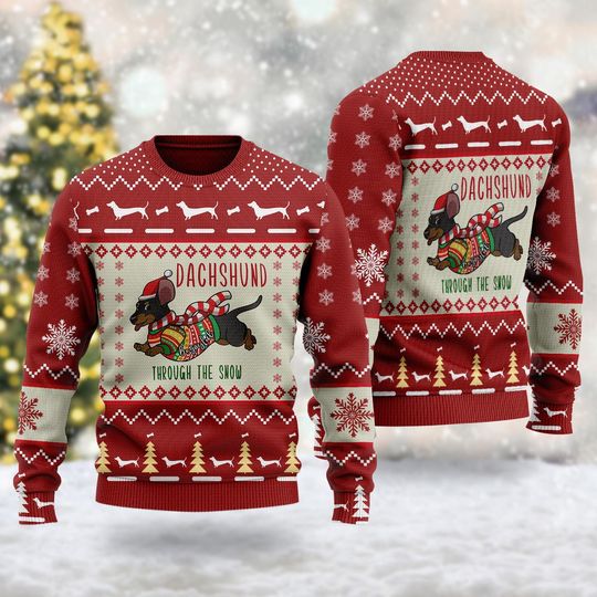 Dachshund Through The Snow Ugly Christmas Sweater, Funny Dachshund Xmas Sweatshirt, Christmas Gift For Men Women Kid, Dog Santa Hat Shirt