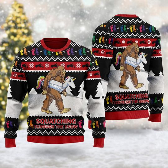 Discover Squatching Through Snow Quotes 3D shirt, Funny Monster Ugly Christmas Sweater, Xmas Sweatshirt, Christmas Gift For Men Women Kid