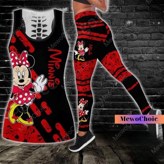 Halloween Minnie Mouse Womens Hollow Tanktop, Leggings Yoga, Summer Fitness Leggings