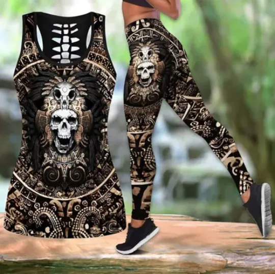 Discover Sports Set Top Leggings Aztec Skull Fight GYM Training