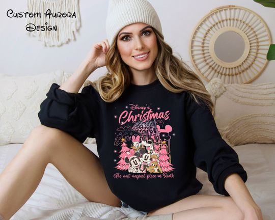 Discover Disney Mickey & Friends Christmas Pink Tree Sweater, Disney Family Christmas Sweat, Disney Xmas Sweat, The Most Magical Place On Earth Sweat