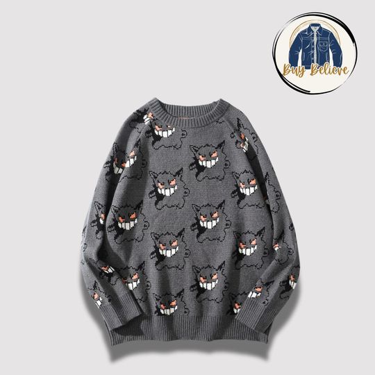 Halloween Monster Jumper Sweater, Autumn Jacquard Knit, Loose Fit Long Sleeve Sweater, Winter Streetwear Pullover, Halloween Sweater