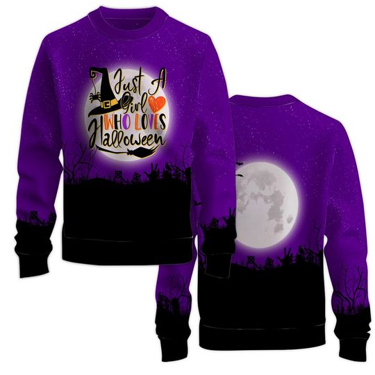 Just A Girl Who Loves Halloween Sweatshirt with Crew Neck and Long Sleeve 3D Printed Graphic  Polyester Spandex Sweater Shirt Gift For Girls