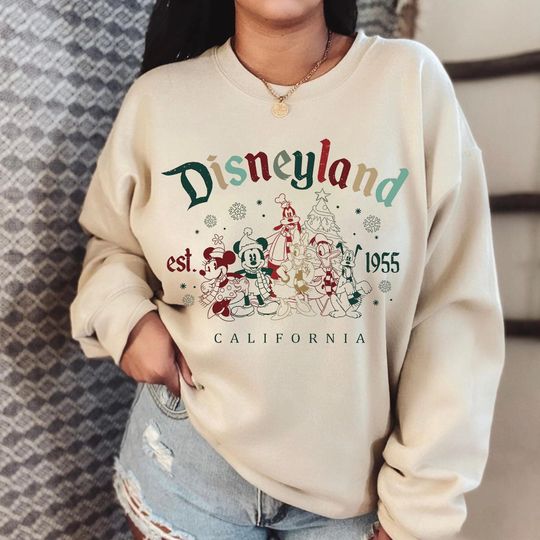 Discover Vintage Disneyland Christmas Est 1955 Shirt, Sweatshirt, Retro Disney Mickey and Friends Christmas Sweater, Disney Xmas Crewneck, Holiday