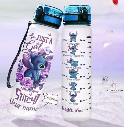 Discover Stitch Water Bottle, Stitch Drink Bottle, 32oz Water Tracker Bottle, Stitch Fitness Bottle, Funny Water Bottle, Personalized Bottle