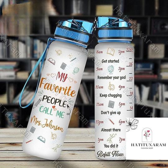 Teacher Water Tracker Bottle, School Teacher Bottle, Personalized Motivational Tracking Water Bottle, Custom Name Teacher Bottle