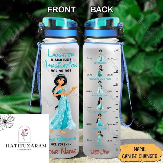 Halloween Princess Jasmine Water Bottle, Princess Water Bottle Tracker, Motivational Water, Aladdin Drink Bottle, 32oz Water Bottle