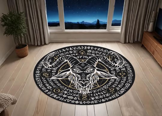 Satanic Pentagram Round Rug,Goat Head-Goat Horns Rug,Dark Skull Rug, Goatboi Rug, Satanic Decor,Horror Devil Rug,horned-goat-head-and-magic