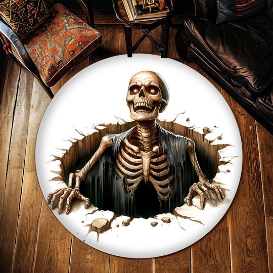 Discover Rug with Skeleton Coming Out of Hole, 3D Skeleton Illusion Rug, High Quality Non Slip Carpet, Popular Rug, Round Doormat, Skeleton Round Rug