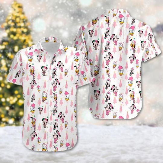 Discover Mickey Mouse Christmas Tree Hawaii Shirt, Minnie Mouse Hawaiian Shirt, Mickey And Friends Xmas 3D All Over Print Shirt, Magic Kingdom Shirt