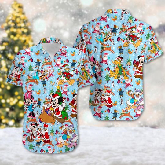 Mickey And Friends Christmas Hawaii Shirt, Minnie Mouse Xmas Party Shirt, Goofy Pluto Donald Santa Hat Hawaiian Shirt, Magic Kingdom Shirt