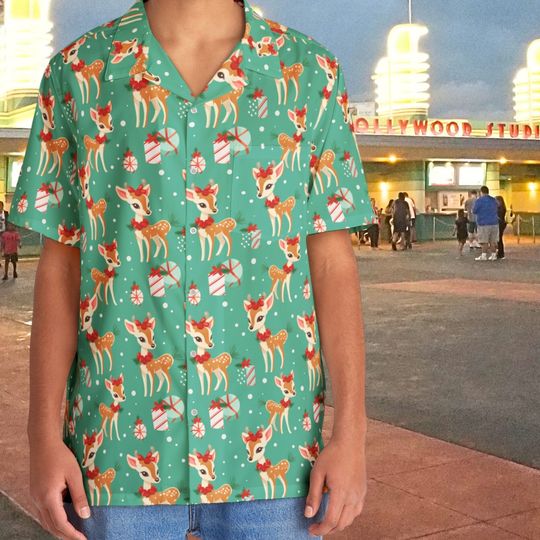 Discover Retro Vintage Christmas Reindeer at Jolly Hollywood Short Sleeve Shirt / Hollywood Studios Style Adorable Reindeer Hawaiian Shirt