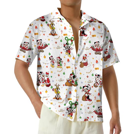 Santa Mickey and Friends Hawaiian Shirt, White Christmas Disney Hawaiian Shirt, Xmas Holiday Button Up Shirt, Mickey's Very Merry 2024 Shirt