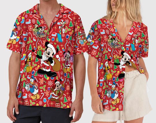 Mickey and Friends Christmas Button Up Shirt Red Hawaiian Shirt, Mickey's Very Merry Aloha Shirt, Disney Family Trip Shirts