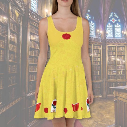 Women's Belle Dress Disney Bounding skater running dress adult princess book rose yellow dress Beauty and the Beast