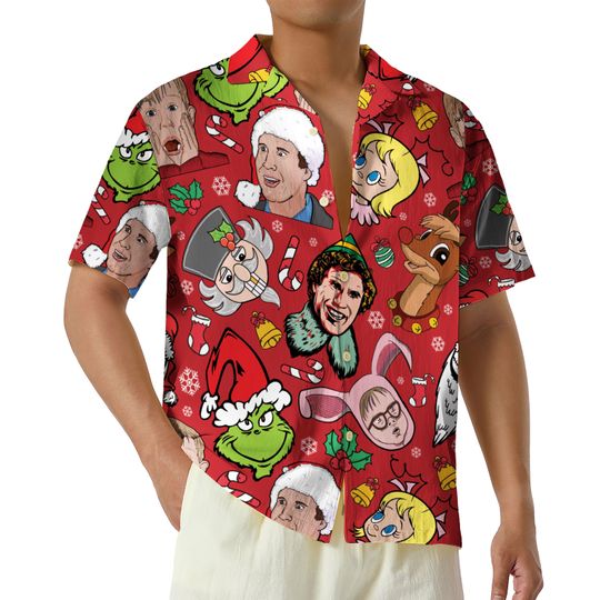Discover Characters Red Christmas Hawaiian Shirt, Friends Gri.nch Cindy Lou Who Dog Gift, Merry Christmas Family Button Up Shirt
