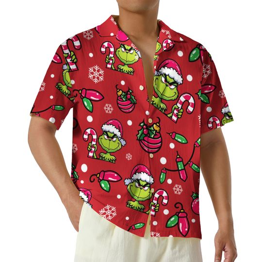 Discover Christmas Gri.nch Hawaiian Shirt, Red Christmas Family Button Up Shirt, Merry Grin.chmas Xmas Holiday Hawaii Short Sleeve Shirt