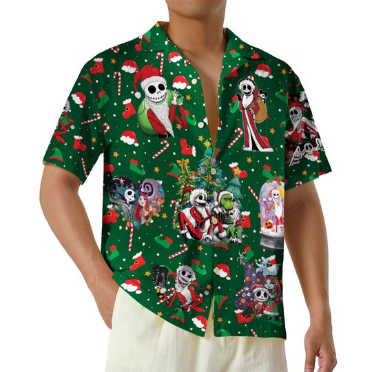 Discover Nightmare Before Christmas Hawaiian Shirt, Green Hawaiian Shirt, Santa Jack Skellington Button Up Shirt, Mickey's Very Merry Shirts