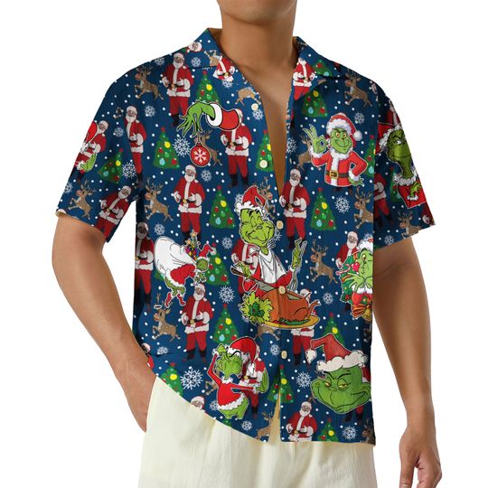 Funny Grin Christmas Hawaiian Shirt, Merry Grin Hawaii Shirt, Christmas Movie Button Up Shirt, Santa Pine Tree Holiday Shirts
